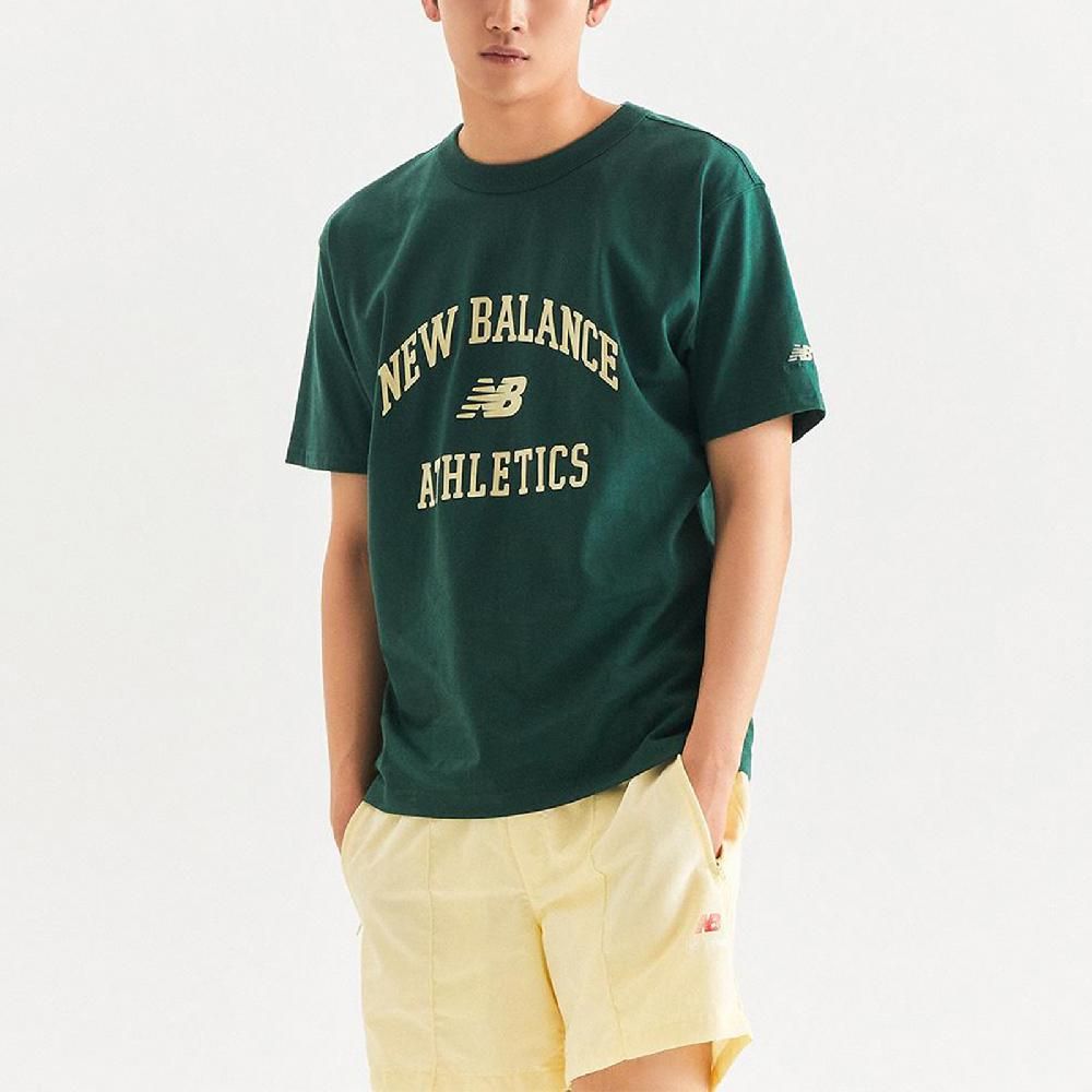 NEW BALANCE  紐巴倫 短袖 Athletics Tee 男款 綠 黃 棉T 短T 寬版 亞規 植絨Logo NB AMT33551NWG