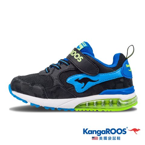 【KangaROOS 美國袋鼠鞋】童鞋 MEGA RUN 超輕量 氣墊慢跑鞋(黑/藍-KK21466)