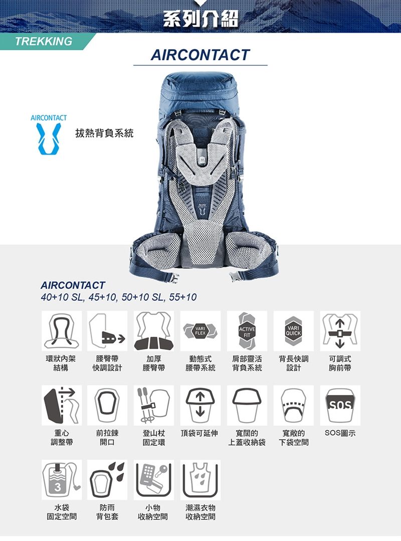 德國deuter】AIRCONTACT拔熱透氣背包55+10L (3320321 土/湖藍/登山