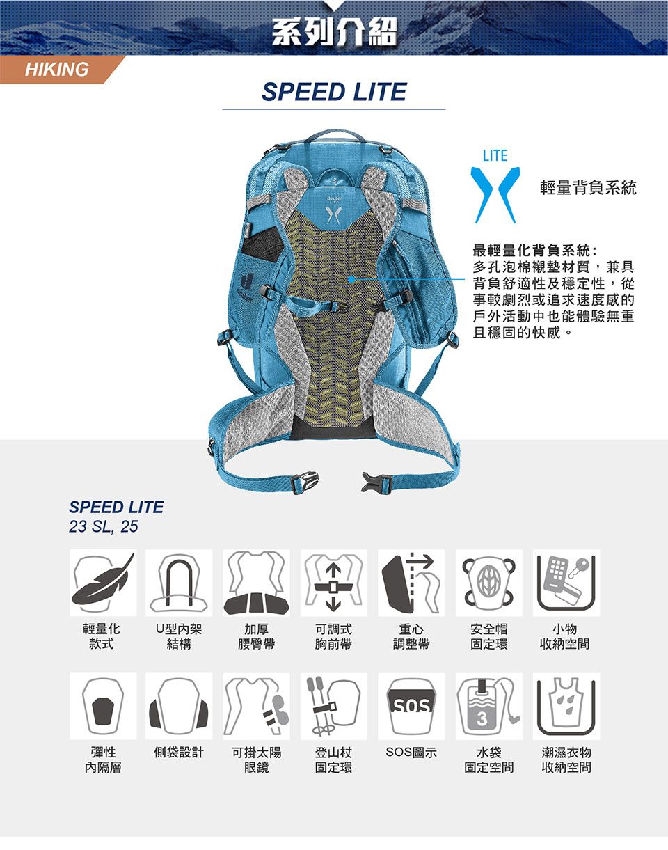 HIKINGSPEED LITE23 SL, 25系列介紹SPEED LITELITE輕量背負系統最輕量化背負系統:多孔泡棉襯墊材質,兼具背負舒適性及穩定性,從事較劇烈或追求速度感的戶外活動中也能體驗無重且穩固的快感。輕量化U型內架加厚可調式款式結構腰臀帶胸前帶重心調整帶安全帽固定環小物收納空間3彈性內隔層側袋設計可掛太陽登山杖SOS圖示水袋潮濕衣物眼鏡固定環固定空間收納空間