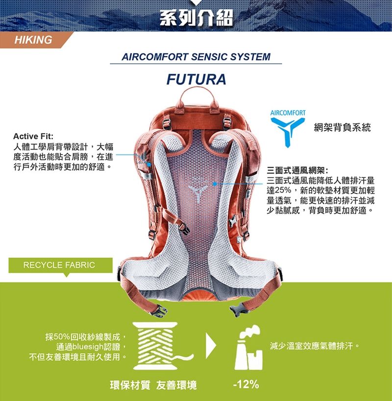 HIKINGActive Fit:人體工學肩背帶設計,大幅度活動也能合,在進行戶外活動時更加的舒適。RECYCLE FABRIC系列介紹AIRCOMFORT SENSIC SYSTEMFUTURAD採50%回收紗線製成通過bluesigh認證,不但友善環境且耐久使用。環保材質 友善環境-12%AIRCOMFORT網架背負系統三面式通風網架:三面式通風能降低人體排汗量達25%,新的軟墊材質更加輕量透氣,能更快速的排汗並減少黏膩感,背負時更加舒適。減少溫室效應氣體排汗。