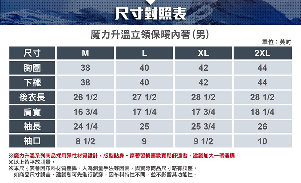 尺寸對照表魔力升溫立領保暖內著 (男)單位:英吋尺寸MLXL2XL胸圍38404244下擺38404244後衣長26 1/227 1/228 1/228 1/2肩寬16 3/417 1/417 3/418 1/4袖長24 1/42525 3/426袖口99 1/2108 1/2※魔力升溫系列商品採用彈性材質設計,版型貼身。穿著習慣喜歡寬鬆舒適者,建議加大一碼選購。※以上皆平放測量。※本尺寸表會因布料材質差異、人為測量手法等因素,與實際商品尺寸略有誤差。如商品尺寸誤差,建議您可先進行試穿,因布料特性不同,並不影響其功能性。