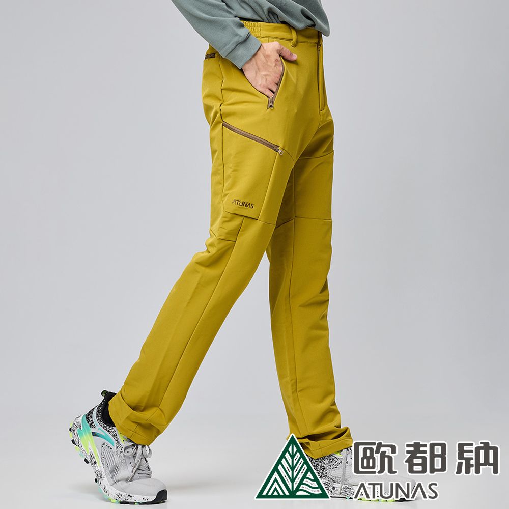 ATUNAS 歐都納 男款SOFTSHELL抗風彈性長褲 (A1PA2316M 棕黃/防潑水/刷毛/保暖/透氣)