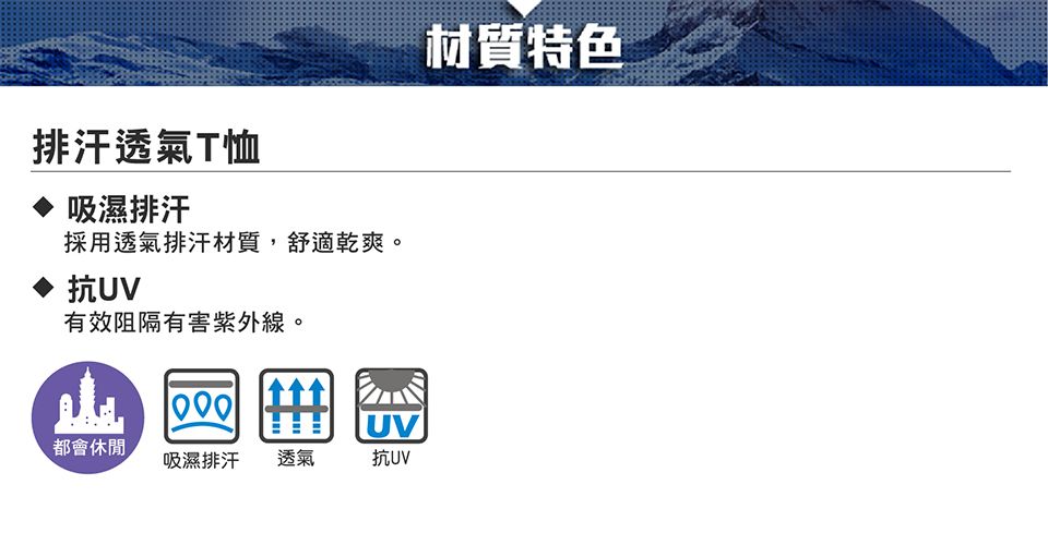 排汗透氣T恤吸濕排汗採用透氣排汗材質,舒適乾爽。抗UV有效阻隔有害紫外線。UV都會休閒吸濕排汗 透氣抗UV材質特色