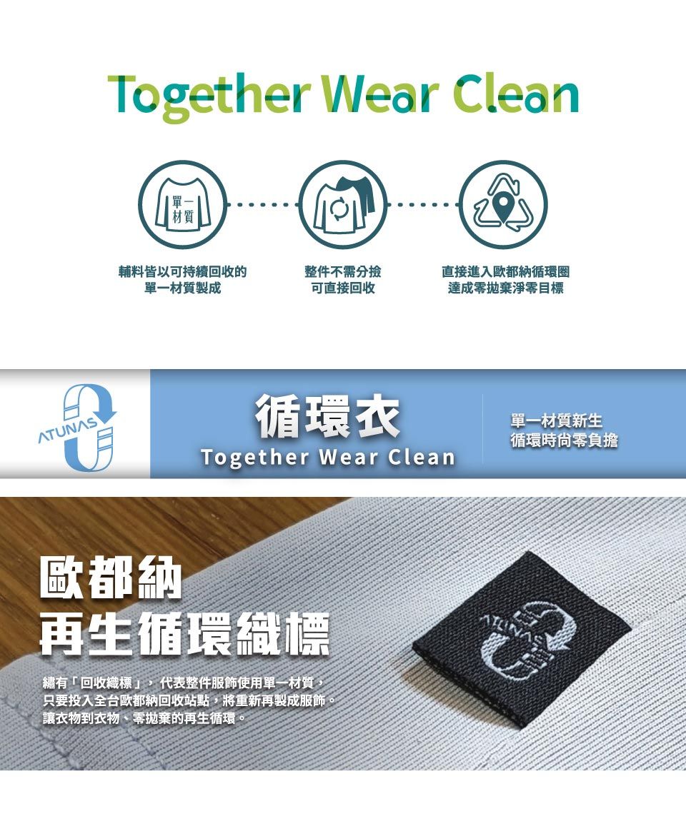 Together Wear Clean輔料皆以可持續回收的單一材質製成整件不需分撿可直接回收直接進入歐都納循環圈達成零拋棄淨零目標ATUNAS歐都納循環衣Together Wear Clean再生循環織標繡有「回收織標,代表整件服飾使用單一材質,只要投入全台歐都納回收站點,將重新再製成服飾。讓衣物到衣物、零拋棄的再生循環。單一材質新生循環時零負擔