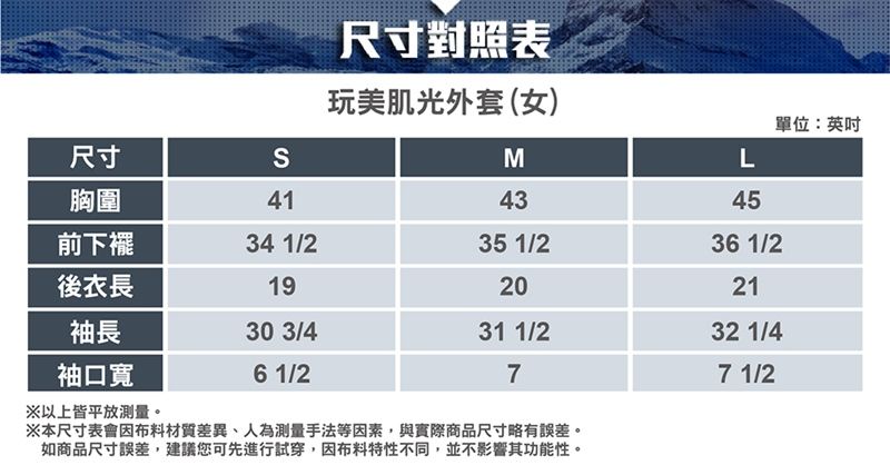 尺寸S尺寸對照表玩美肌光外套(女)M單位:英吋L胸圍414345前下襬34 1/235 1/236 1/2後衣長192021袖長30 3/4袖口寬※以上皆平放測量。6 1/2※本尺寸表會因布料材質差異、人為測量手法等因素,與實際商品尺寸略有誤差。如商品尺寸誤差,建議您可先進行試穿,因布料特性不同,並不影響其功能性。7 1/231 1/2732 1/4