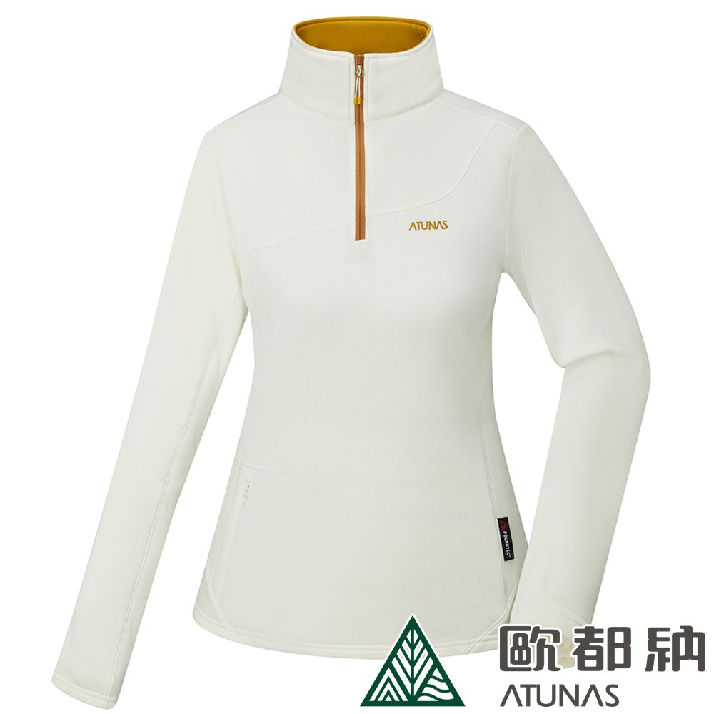 ATUNAS 歐都納 女款POLARTEC POWER STRETCH保暖立領衫 (A1PS2318W 象牙白/彈性/刷毛/透氣)