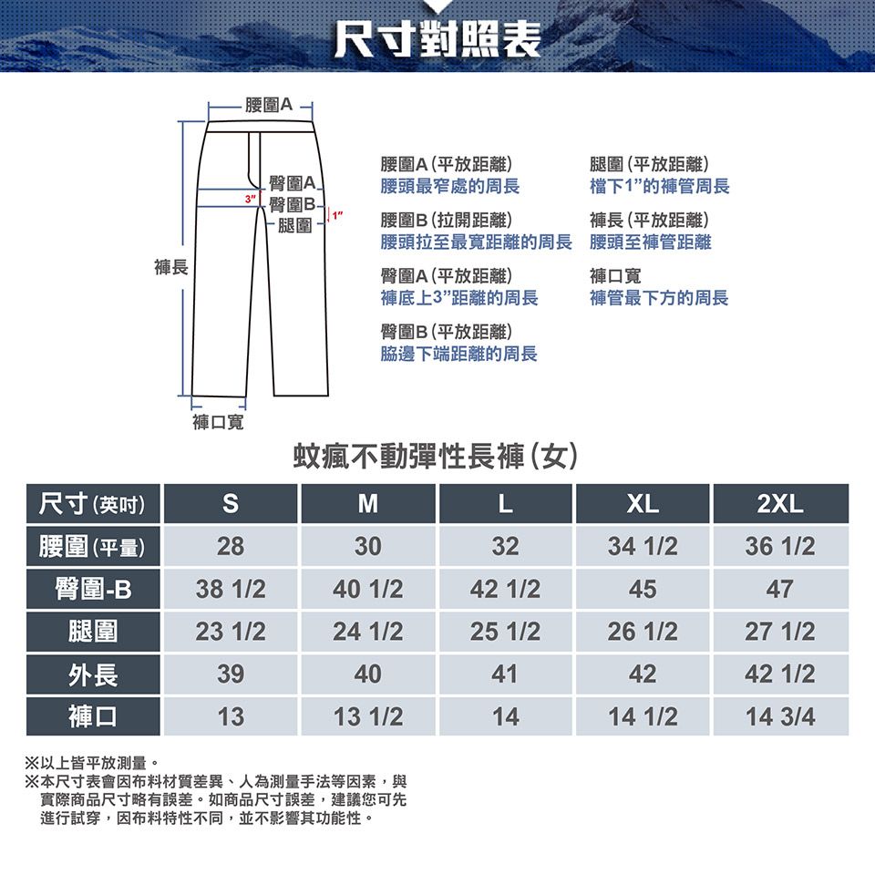 尺寸對照表圍 臀圍A腰圍A(平放距離)腰頭最窄處的周長圍(平放距離)下1”的褲管周長臀圍腿圍-腰圍B(拉開距離)褲長 (平放距離)腰頭拉至最寬距離的周長 腰頭至褲管距離褲長臀圍A(平放距離)褲口寬褲底上3”距離的周長褲管最下方的周長臀圍B(平放距離)脇邊下端距離的周長褲口寬蚊瘋不動彈性長褲(女)尺寸(英吋)SMLXL2XL腰圍(平量)28303234 1/236 1/2臀圍-B38 1/240 1/242 1/24547腿圍23 1/224 1/225 1/226 1/227 1/2外長3940414242 1/2褲口1313 1/21414 1/214 3/4※以上皆平放測量。※本尺寸表會因布料材質差異、人為測量手法等因素,與實際商品尺寸略有誤差。如商品尺寸誤差,建議您可先進行試穿,因布料特性不同,並不影響其功能性。