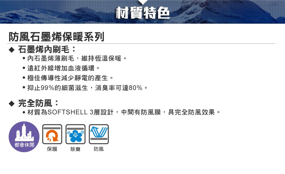 材質特色防風石墨烯保暖系列石墨烯刷毛:石墨烯薄刷毛維持恆溫保暖,遠紅外線增加血液循環。極佳傳導性減少靜電的產生。抑止99%的細菌滋生,消臭率可達80%。完全防風:材質為SOFTSHELL 3層設計,中間有防風膜,具完全防風效果。都會休閒保暖除臭防風