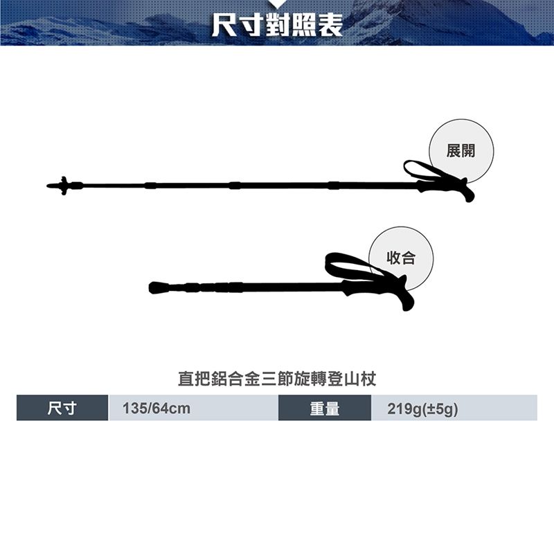 尺寸對照表直把鋁合金三節旋轉登山杖尺寸135/64cm重量收合展開219g(±5g)