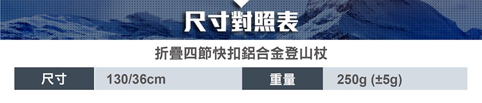 尺寸對照表折疊四節快扣鋁合金登山杖重量尺寸130/36cm250g(±5g)