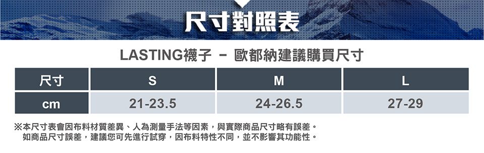 尺寸cm尺寸對照表LATING襪子-歐都納建議購買尺寸S21-23.5M24-26.5※本尺寸表會因布料材質差異、人為測量手法等因素,與實際商品尺寸略有誤差。如商品尺寸誤差,建議您可先進行試穿,因布料特性不同,並不影響其功能性。L27-29