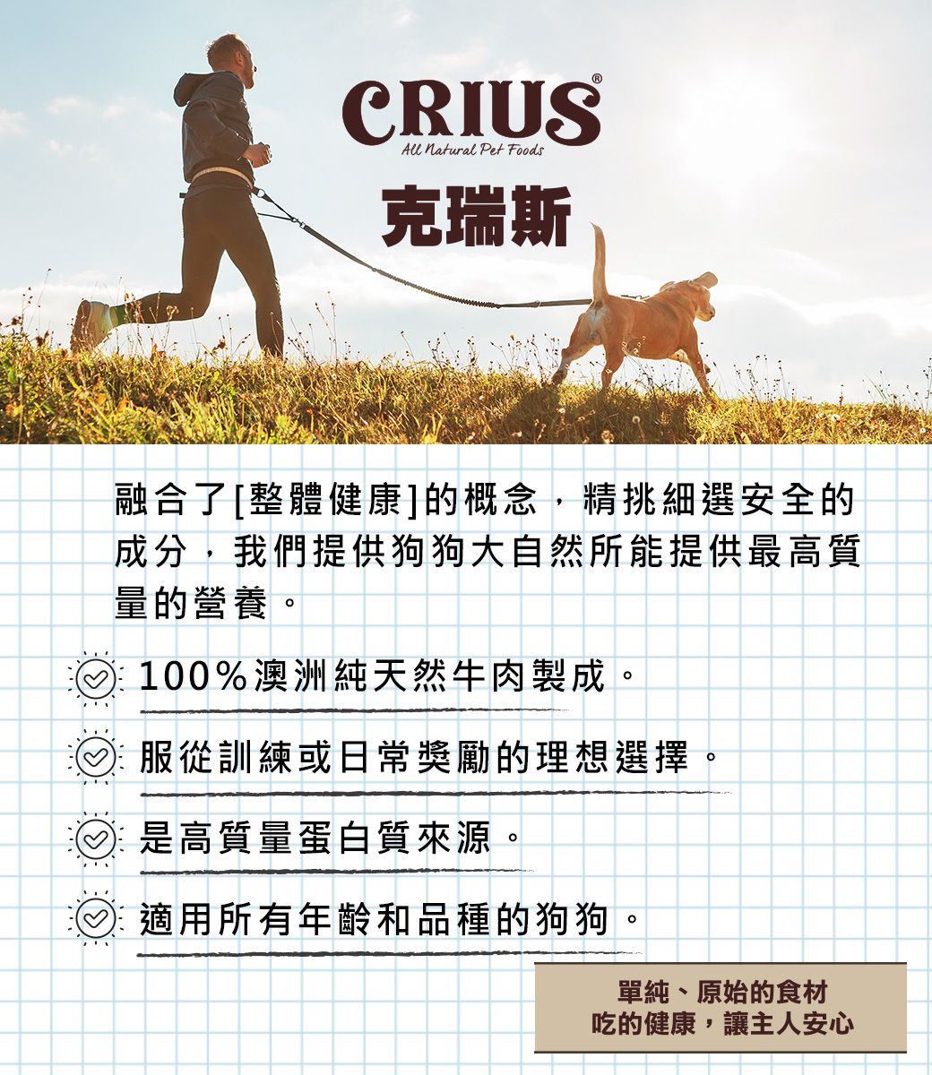 CRIUSAll  Pet Foods克瑞斯融合了[整體健康]的概念,精挑細選安全的成分,我們提供狗狗大自然所能提供最高質量的營養。100%澳洲純天然牛肉製成。服從訓練或日常獎勵的理想選擇。是高質量蛋白質來源。適用所有年齡和品種的狗狗。單純、原始的食材吃的健康,讓主人安心