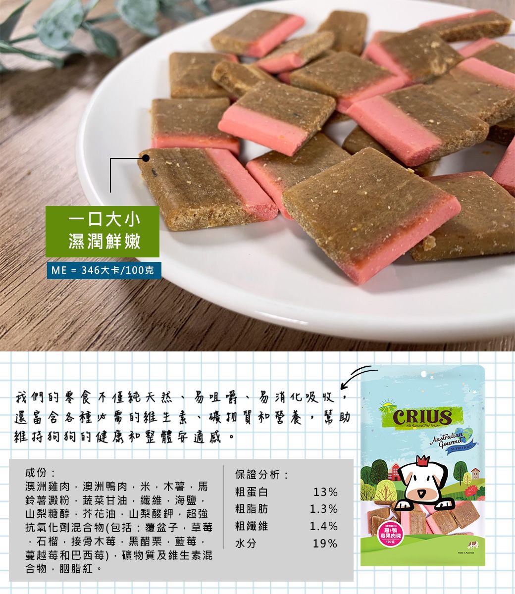 一口大小濕潤鮮嫩ME = 346大卡/100克CRIUS  我們的零食不僅天然易咀嚼還富含各種必需的維生素維持狗狗的健康和整體安適感易消化吸收、礦物質和營養幫助成份:保證分析:澳洲雞肉澳洲肉米木薯馬鈴薯澱粉蔬菜甘油,纖維,海鹽,山梨糖醇,芥花油,山梨酸鉀,超強抗氧化劑混合物(包括:覆盆子,草莓石榴,接骨木莓,黑醋栗,藍莓,蔓越莓和巴西莓),礦物質及維生素混合物,胭脂紅。粗蛋白13%粗脂肪粗纖維水分1.3%1.4%雞+鴨莓果肉塊19%