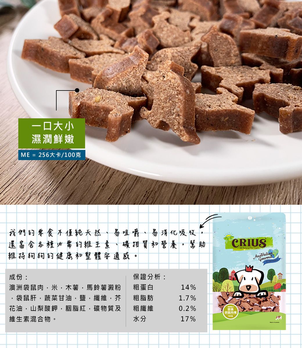 一口大小濕潤鮮嫩ME = 256大卡/100克CRIUS   我們的零食不僅天然易咀嚼還富含各種必需的維生素、礦物質和營養幫助維持狗狗的健康和整體安適感、易消化吸收,成份:保證分析:澳洲袋鼠肉,米,木薯,馬鈴薯澱粉粗蛋白14%袋鼠肝,蔬菜甘油,鹽,纖維,芥花油,山梨酸鉀,胭脂紅,礦物質及維生素混合物。粗脂肪1.7%粗纖維0.2%營養袋鼠肉塊水分17%