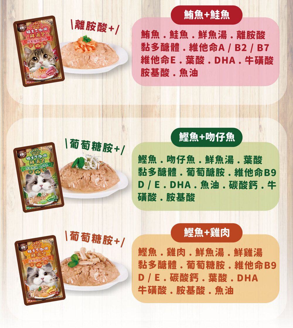 離胺酸+鮪魚+鮭魚鮪魚鮭魚鮮魚湯離胺酸黏多醣體維他命AB2B7維他命E葉酸DHA牛磺酸胺基酸魚油葡萄糖胺+/包猫主子包2葡萄糖胺+/ 鰹魚+吻仔魚鰹魚吻仔魚鮮魚湯葉酸黏多醣體葡萄醣胺維他命B9D/EDHA魚油碳酸鈣牛磺酸胺基酸鰹魚+雞肉鰹魚雞肉鮮魚湯、鮮雞湯黏多醣體葡萄糖胺.維他命B9D/E.碳酸鈣.葉酸.DHA牛磺酸.胺基酸.魚油
