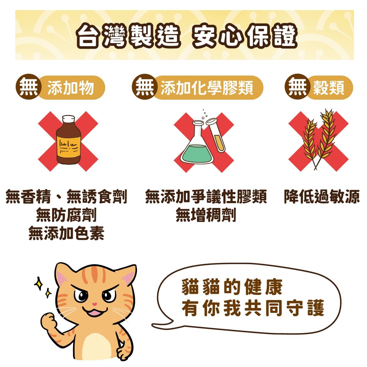 台灣製造 安心保證添加物添加化學膠類榖類無香精、無誘食劑 無添加爭議性膠類 降低過敏源無防腐劑無添加色素無增稠劑貓貓的健康有你我共同守護