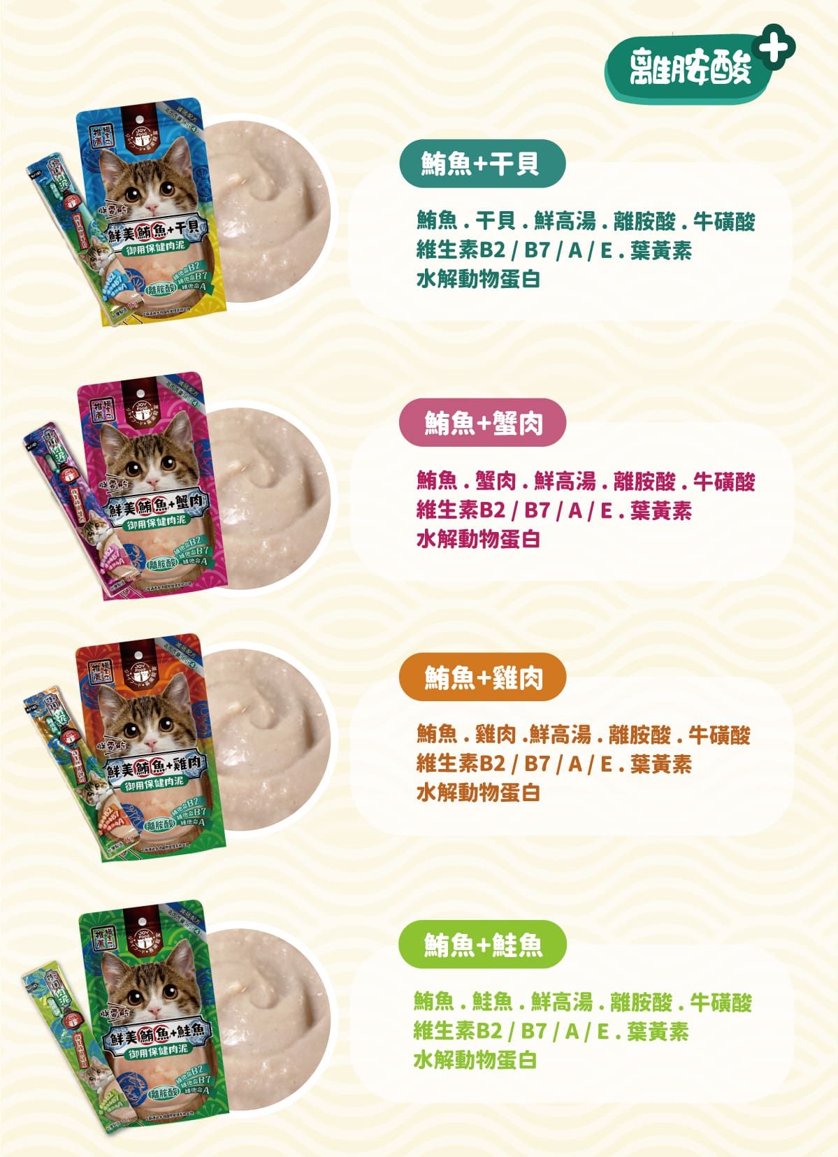 +酸鮮美魚+干貝御用保健離胺酸 鮪魚+干貝鮪魚干貝鮮高湯離胺酸牛磺酸維生素   //E葉黃素水解動物蛋白鮮美鮪魚+蟹肉御用保健肉泥 離胺酸 鮪魚+蟹肉鮪魚蟹肉鮮高湯離胺酸牛磺酸維生素B2 /  / A/E葉黃素水解動物蛋白鮮美鮪魚+雞肉]御用保健肉泥B7(胺 鮪魚+雞肉鮪魚.雞肉.鮮高湯.離胺酸牛磺酸維生素B2/B7/A/E.葉黃素水解動物蛋白鮮美鮪魚+鮭魚御用保健肉泥B2B7(離胺酸 A鮪魚+鮭魚鮪魚.鮭魚.鮮高湯.離胺酸牛磺酸維生素B2 / B7 /A/E.葉黃素水解動物蛋白