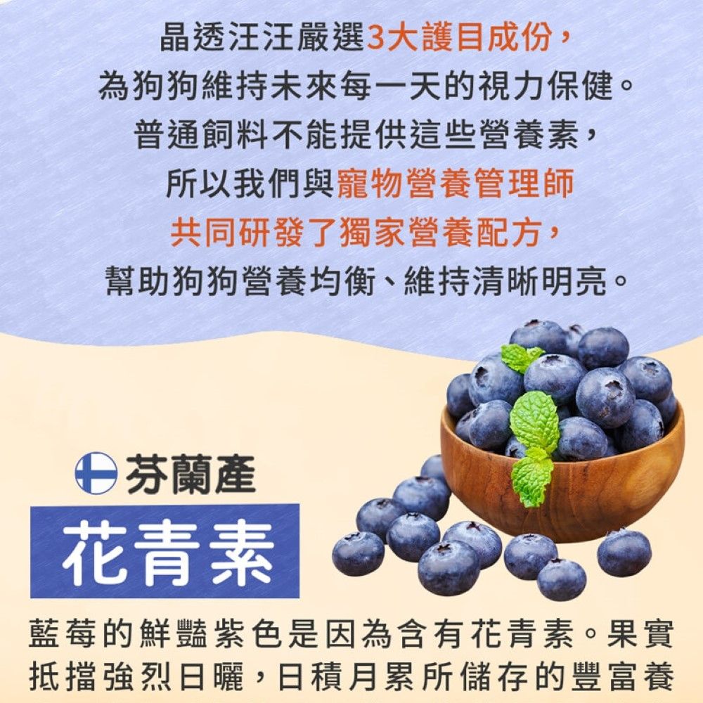 晶透汪汪嚴選3大護目成份,為狗狗維持未來每一天的視力保健。普通飼料不能提供這些營養素,所以我們與寵物營養管理師共同研發了獨家營養配方,幫助狗狗營養均衡、維持清晰明亮。芬蘭產花青素藍莓的鮮豔紫色是因為含有花青素。果實抵擋強烈日曬,日積月累所儲存的豐富養