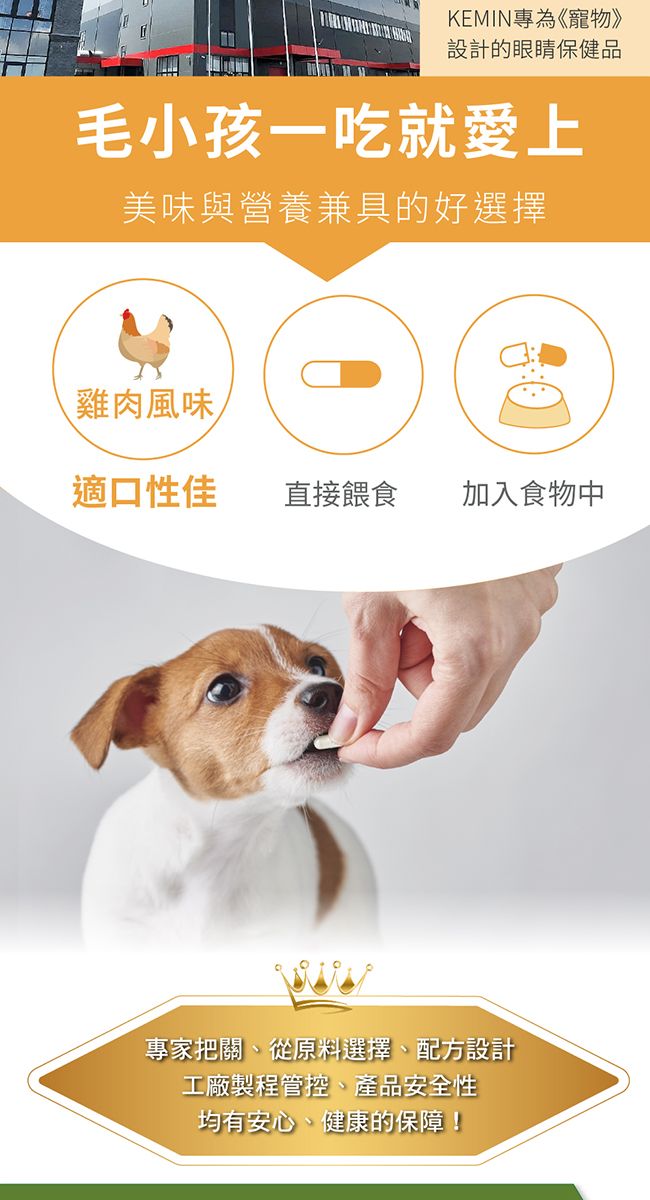 KEMIN專為《寵物》設計的眼睛保健品毛小孩一吃就愛上美味與營養兼具的好選擇雞肉風味適口性佳直接餵食加入食物中專家把關、從原料選擇、配方設計工廠製程管控、產品安全性均有安心、健康的保障!