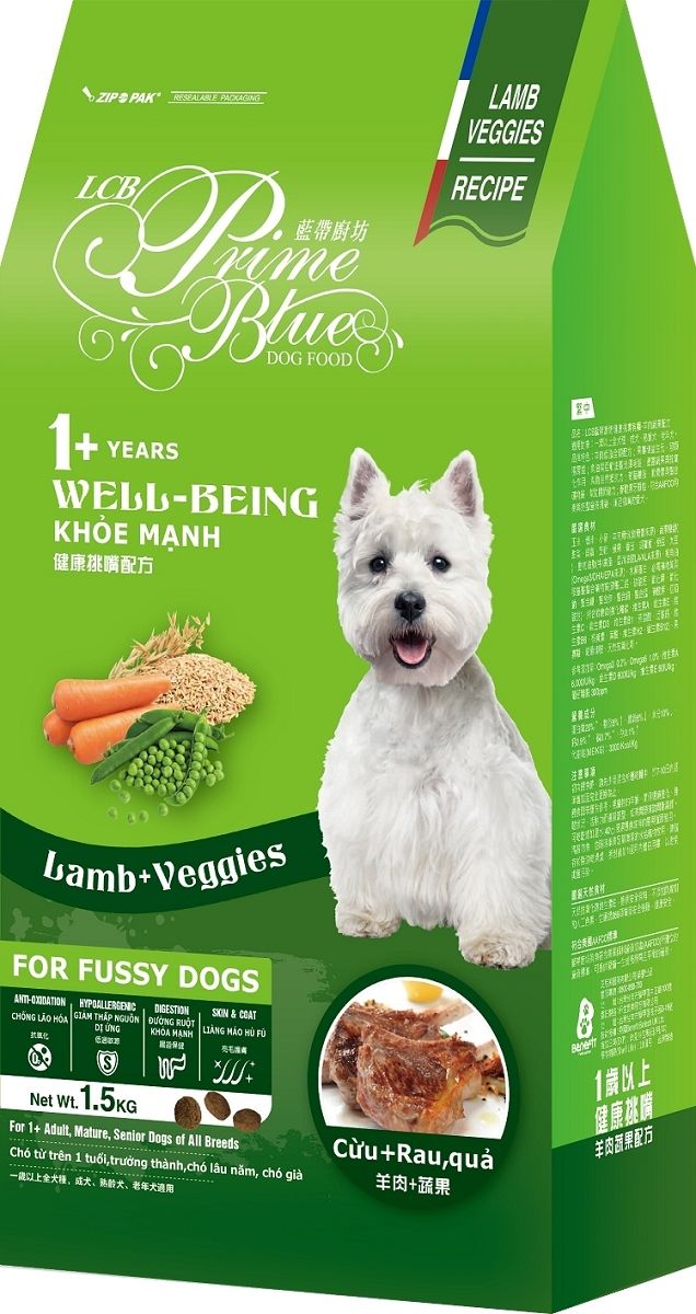 PAK  藍帶廚坊DOG FOODLAMBVEGGIESRECIPEYEARSWELL-BEINGKHỎE 健康配方營養成分bambVeggiesFOR FUSSY DOGS- HYPOALLERGENIC DIGESTIONSION & COAT LÃO  GIAM THẬP NGUỒN  ĐƯỜNG RUỘT     ỨNGNet  1.5KGMẠNHFor 1+  Mature, Senior Dogs of All Breeds từ trên 1 tuổi, trưởng thành,chó lâu năm, chó già一歲以上齡犬、老年犬適用+Rau,quả羊肉+食材1歲以上健康挑嘴羊肉蔬果配方