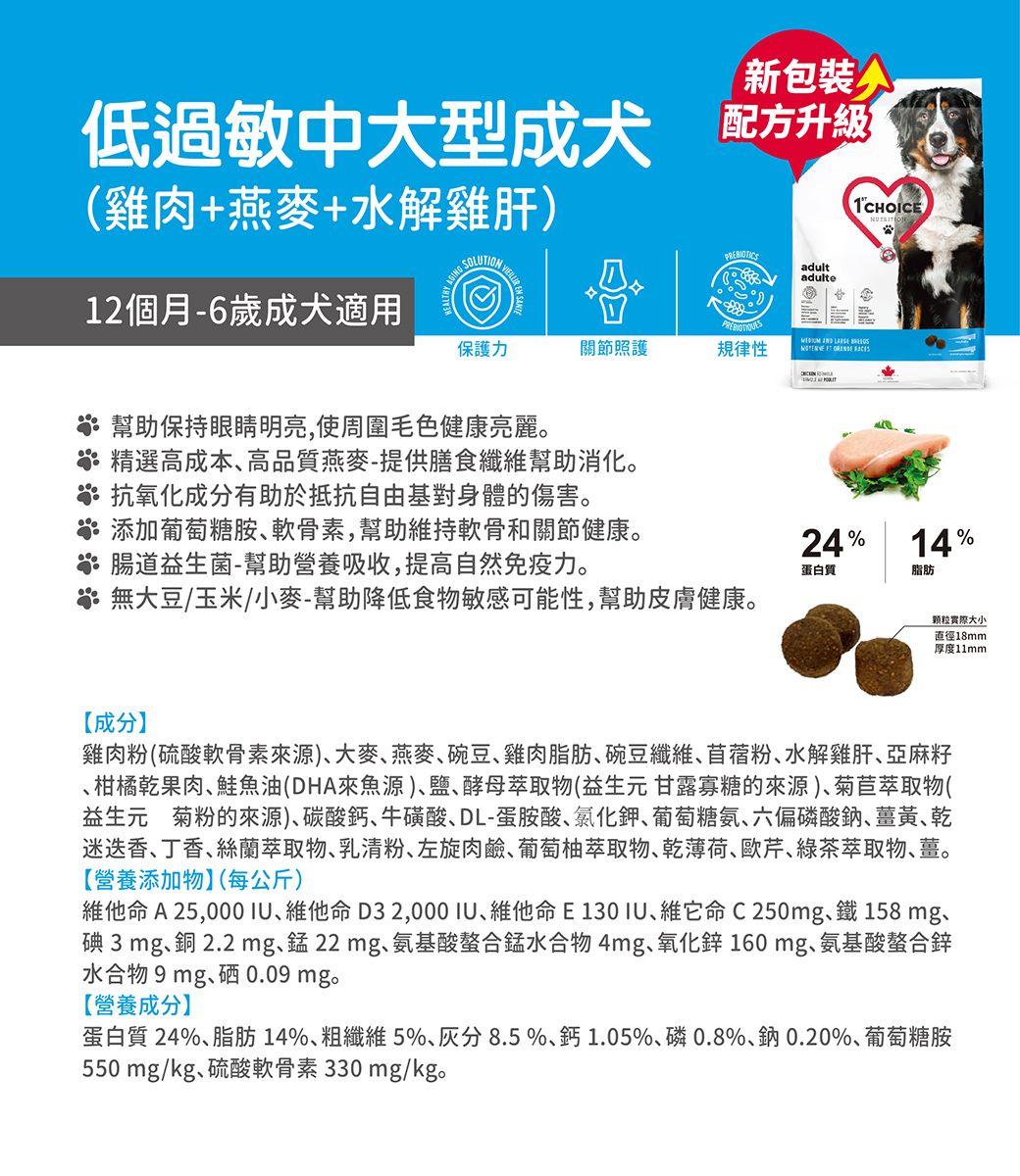 新包裝低過敏中大型成犬配方升级(雞肉+燕麥+水解雞肝)12個月-6歲成犬適用SOLUTIONPREBIOTICSadultadulte1CHOICE保護力關節照護規律性幫助保持眼睛明亮,使周圍毛色健康亮麗精選高成本高品質燕麥-提供膳食纖維幫助消化。抗氧化成分有助於抵抗自由基對身體的傷害。添加葡萄糖胺軟骨素,幫助維持軟骨和關節健康。腸道益生菌-幫助營養吸收,提高自然免疫力。無大豆/玉米/小麥-幫助降低食物敏感可能性,幫助皮膚健康。    24%14%蛋白質脂肪颗粒實際大小直徑18mm厚度11mm【成分雞肉粉(硫酸軟骨素來源)大麥燕麥碗豆雞肉脂肪碗豆纖維苜蓿粉水解雞肝亞麻籽柑橘乾果肉鮭魚油(DHA來魚源)鹽酵母萃取物(益生元甘露寡糖的來源)菊苣萃取物(益生元菊粉的來源)碳酸鈣牛磺酸DL-蛋胺酸、氯化鉀、葡萄糖氨、六偏磷酸鈉、薑黃、乾迷迭香、丁香、絲蘭萃取物、乳清粉、左旋肉鹼、葡萄柚萃取物、乾薄荷、歐芹、綠茶萃取物、薑。【營養添加物】(每公斤) A 25,000 IU、維他命D32,000IU、維他命E130IU、維他命C250mg、鐵 158mg、碘 3 mg、銅 2.2 mg、22mg、氨基酸螯合錳水合物4mg、氧化鋅160mg、氨基酸螯合鋅水合物9mg、硒0.09mg。【營養成分】蛋白質24%、脂肪14%、粗纖維5%、8.5%、鈣1.05%、磷0.8%、鈉0.20%、葡萄糖胺550 mg/kg、硫酸軟骨素 330mg/kg。