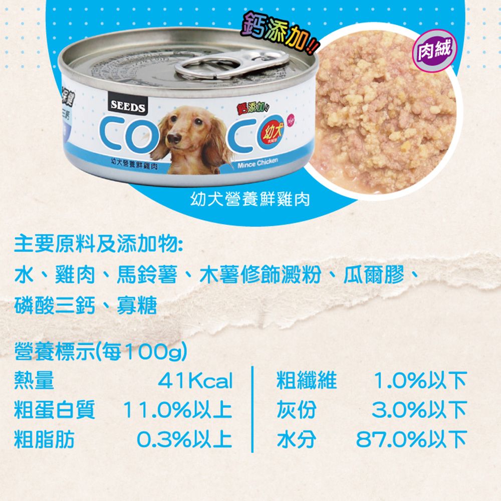 鈣SEEDS添加CO幼犬Mince Chicken幼犬營養雞肉幼犬營養鮮雞肉主要原料及添加物:水、雞肉、馬鈴薯、木薯修飾澱粉、瓜爾膠、磷酸三鈣、寡糖營養標示每100g)(肉絨熱量41Kcal粗纖維1.0%以下粗蛋白質 11.0%以上灰份3.0%以下粗脂肪0.3%以上水分87.0%以下