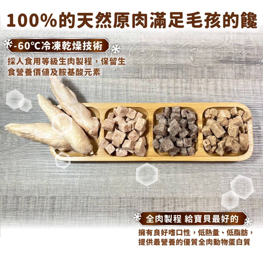 100%天然原肉滿足毛孩的-60℃冷凍乾燥技術 米採食用等級生肉製程,保留生食營養價值及胺基酸元素 全肉製程 給寶貝最好的擁有良好嗜口性,低熱量、低脂肪,提供最營養的優質全肉動物蛋白質