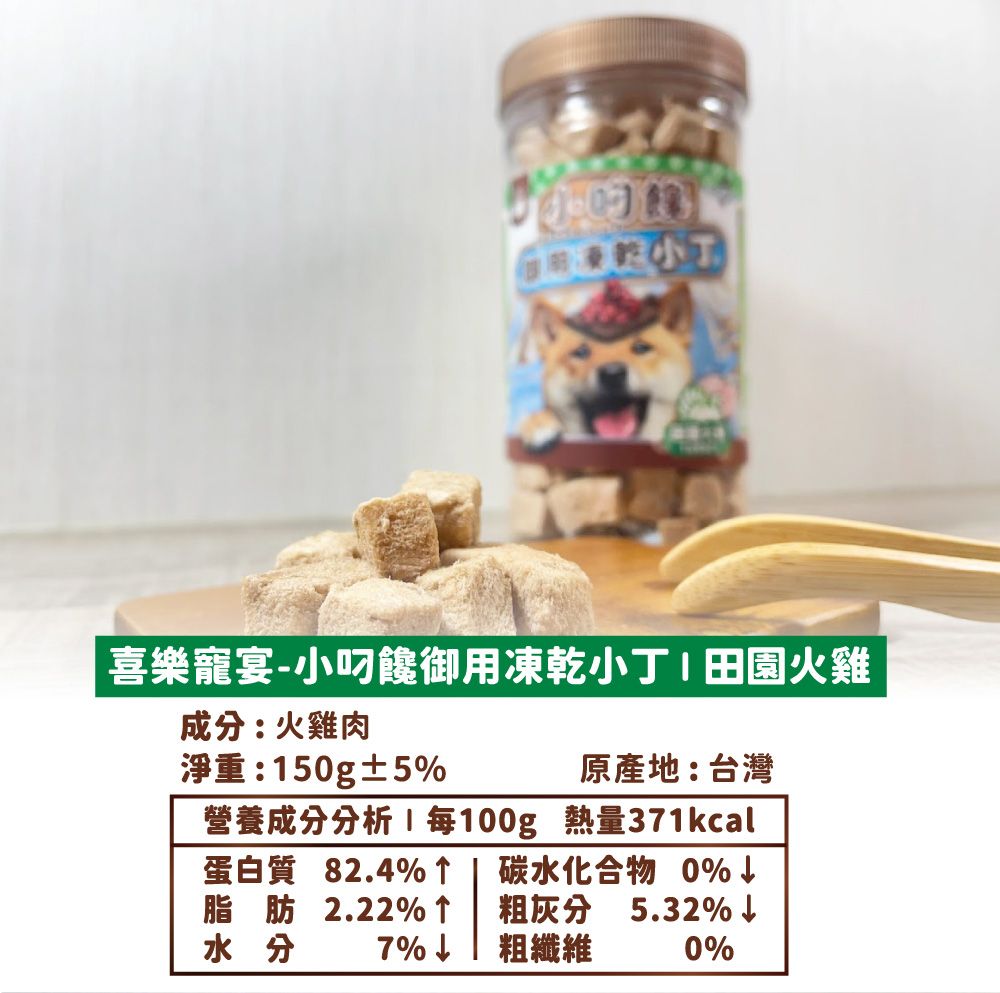 喜樂寵宴-小饞御用凍乾小丁 田園火雞成分:火雞肉淨重:50g±5原產地:台灣營養成分分析1每100g 熱量371kcal蛋白質 82.4%脂肪2.22%水分 7%碳水化合物 0%↓粗灰分粗纖維5.32%↓0%