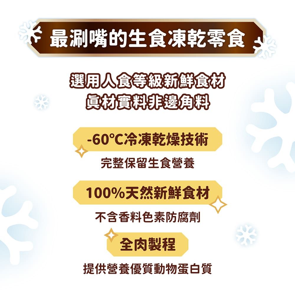 最涮嘴的生食凍乾零食選用食等級新鮮食材真材實料邊角料-60℃冷凍乾燥技術完整保留生食營養100%天然新鮮食材不含香料色素防腐劑全肉製程提供營養優質動物蛋白質