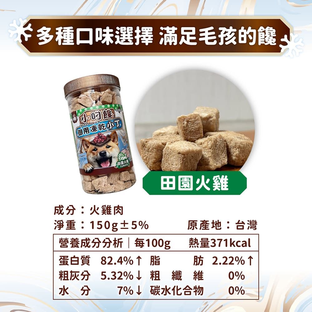 多種口味選擇 滿足毛孩 御用凍乾小丁成分:火雞肉田園火雞淨重:150g±5%原產地:台灣營養成分分析 每100g|熱量371kcal蛋白質 82.4%脂肪 2.22%粗灰分 5.32%↓粗纖維 0%水分7%↓ 碳水化合物0%