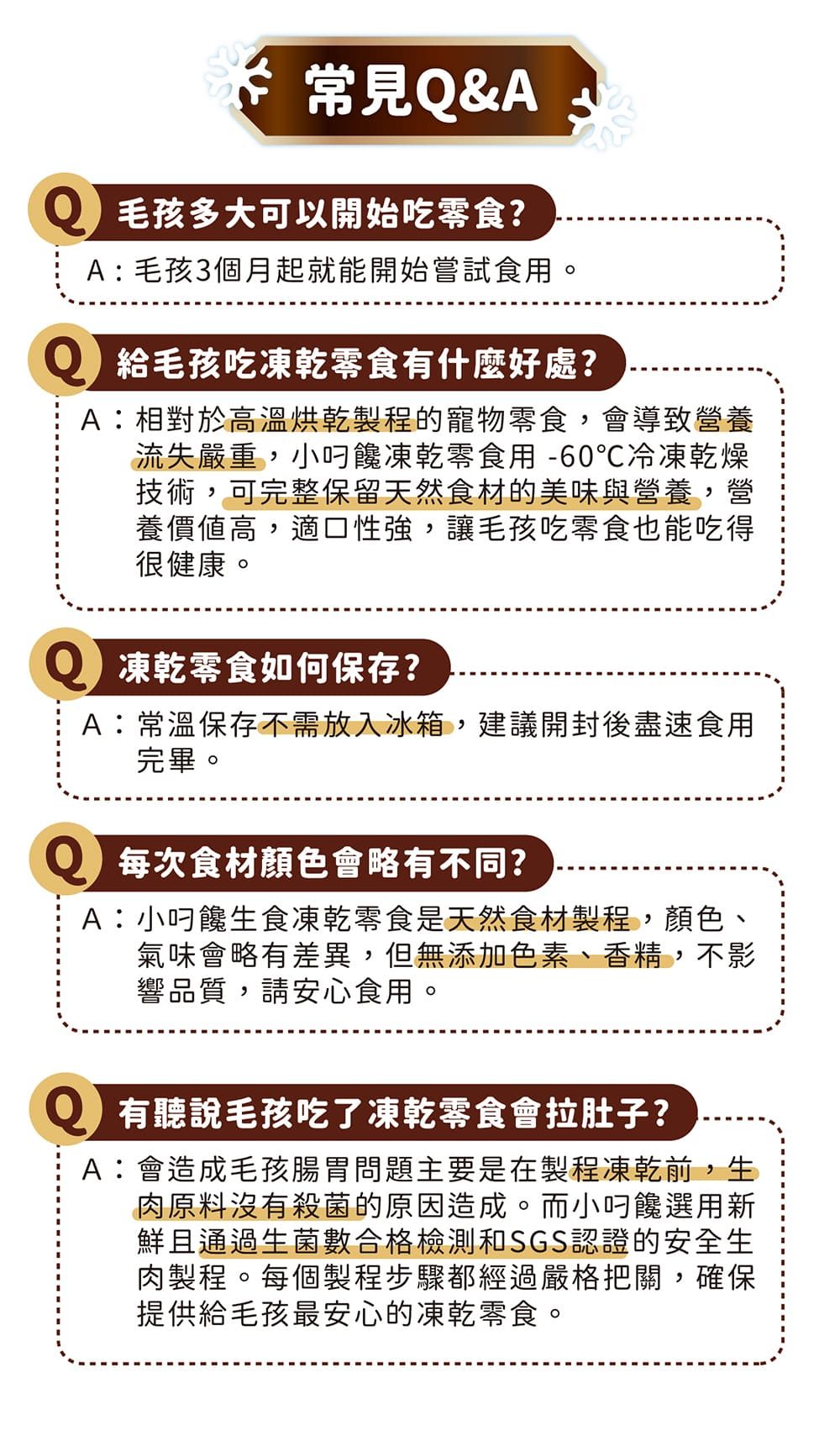 常見Q&A  毛孩多大可以開始吃零食?A毛孩3個月起就能開始嘗試食用。 給毛孩吃凍乾零食有什麼好處?A相對於高溫烘乾製程的寵物零食,會導致營養流失嚴重,小饞凍乾零食用 -60℃冷凍乾燥技術,可完整保留天然食材的美味與營養,營養價值高,適口性強,讓毛孩吃零食也能吃得很健康。凍乾零食如何保存?A:常溫保存不需放入冰箱,建議開封後盡速食用完畢。每次食材顏色會略有不同?A:小饞生食凍乾零食是天然食材製程,顏色、氣味會略有差異,但無添加色素、香精,不影響品質,請安心食用。 有聽說毛孩吃了凍乾零食會拉肚子?A:會造成毛孩腸胃問題主要是在製程凍乾前,生肉原料沒有殺菌的原因造成。而小叼饞選用新鮮且通過生菌數合格檢測和SGS認證的安全生肉製程。每個製程步驟都經過嚴格把關,確保提供給毛孩最安心的凍乾零食。