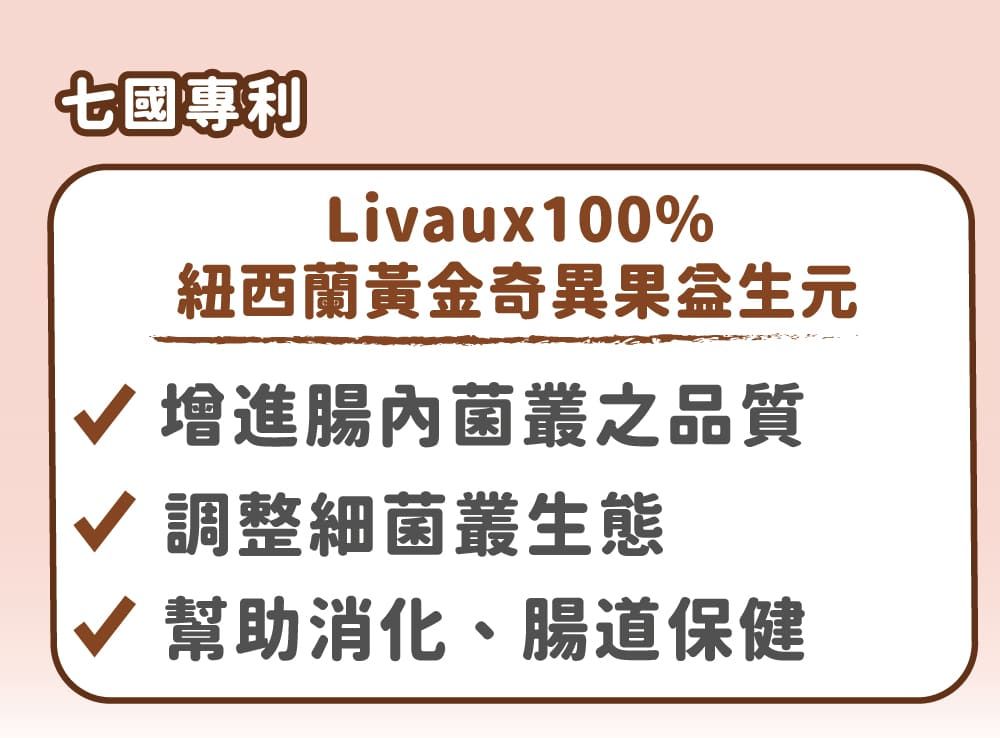 七國專利Livaux100%紐西蘭黃金奇異果生元√ 進腸內菌叢之品質√ 調整細菌叢生態√ 幫助消化、腸道保健