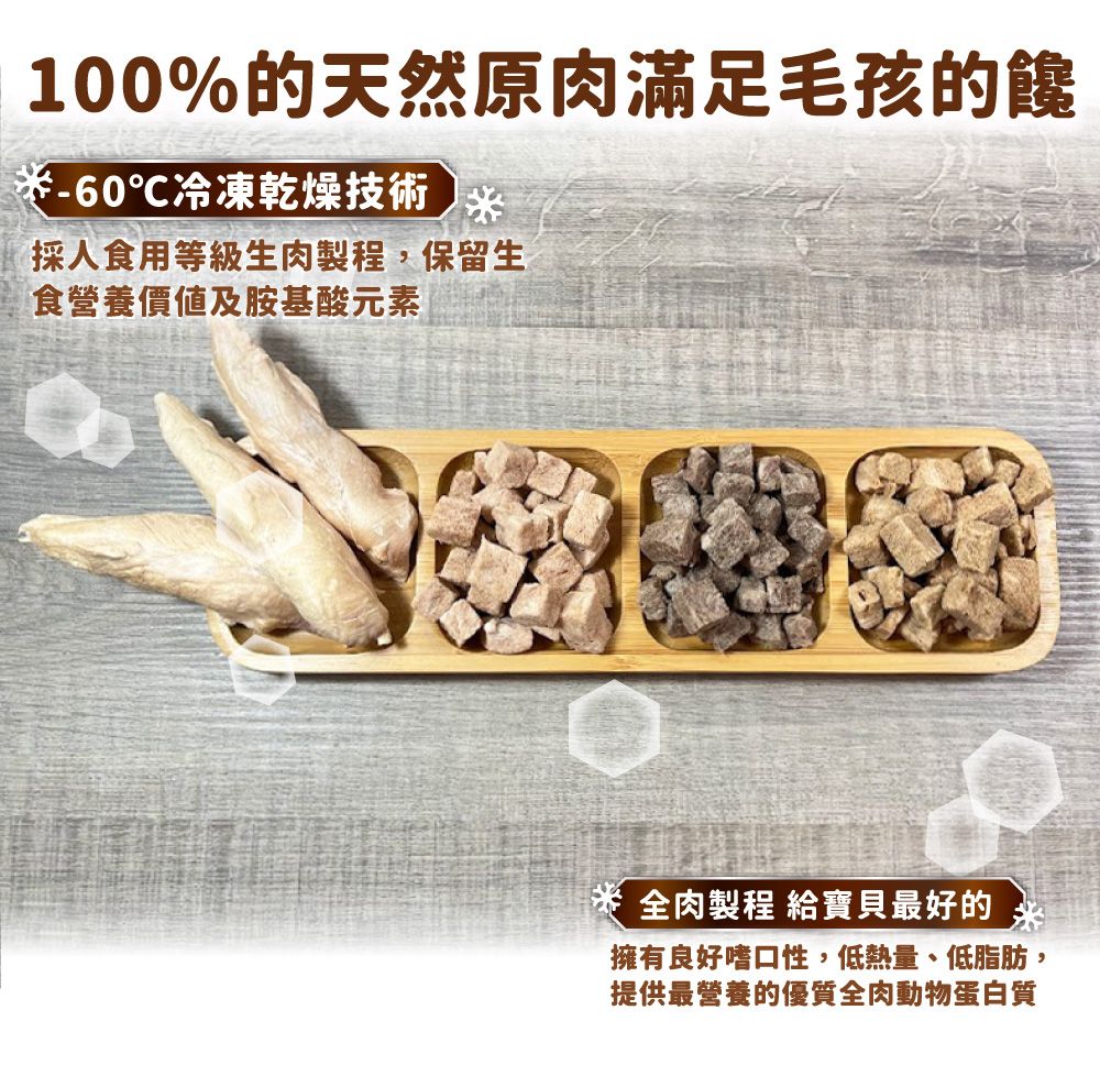 100%天然原肉滿足毛孩的-60℃冷凍乾燥技術 米採食用等級生肉製程,保留生食營養價值及胺基酸元素全肉製程 給寶貝最好的擁有良好嗜口性,低熱量、低脂肪,提供最營養的優質全肉動物蛋白質