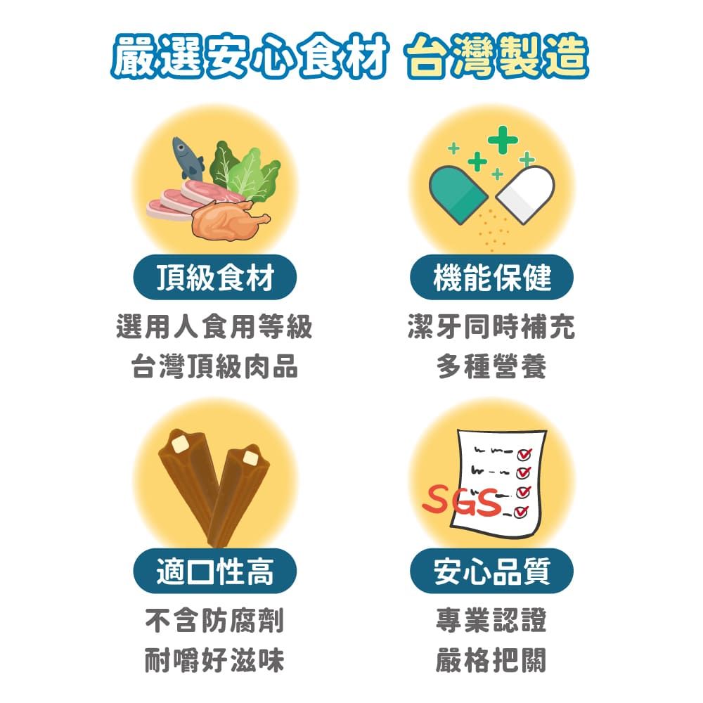嚴選安心食材 台灣+頂級食材機能保健選用人食用等級台灣頂級肉品潔牙同時補充多種營養適口性高安心品質不含防腐劑專業認證耐嚼好滋味嚴格把關