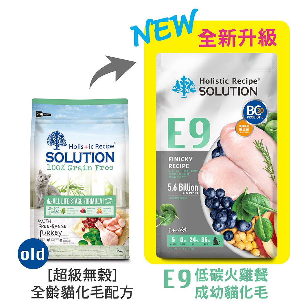 NEW全新升級Holisic RecipeSOLUION10 Grain FreeHolistic RecipeⓇSOLUTIONFINICKYRECIPEALL LIFE STAGE FORMULA益生菌PROBIOTICALL LIFE STAGE FORMULA SuperFoodsWITHFREE-RANGETURKEYoldTURKEY[超級無穀]全齡貓化毛配方56 Billion TCFU  kg5 0 % 35% .  )E9低碳火雞餐成幼貓化毛