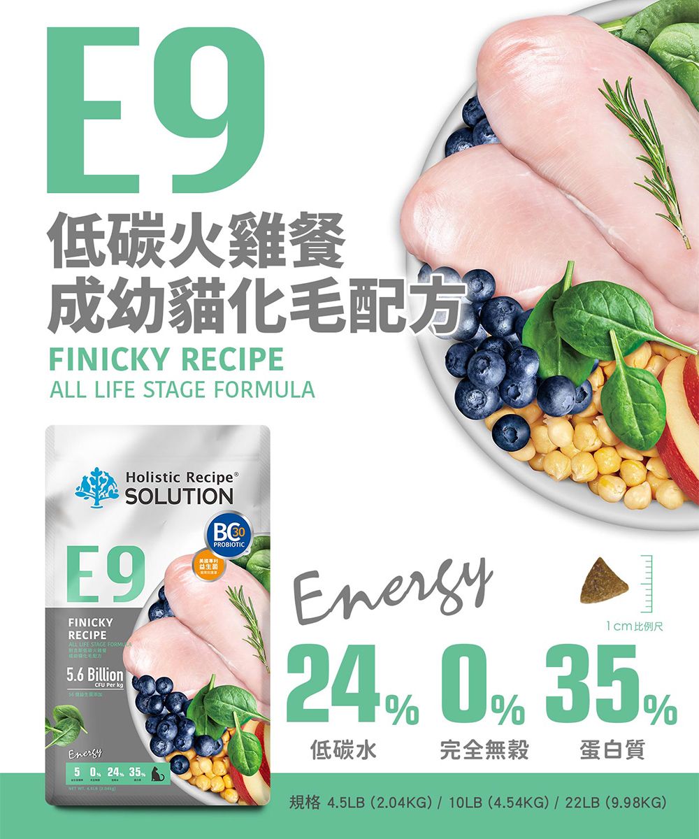 E9低碳火雞餐成幼貓毛配FINICKY RECIPEALL LIFE STAGE FORMULAHoistic Recipe®SOLUTIONPROBIOTICE9益生菌FINICKYRECIPEALL LIFE STAGE FORMU化56 Billion l Per kgEnergy比例尺2 % 35%Energy5 0 24 35 .  4低碳水完全無蛋白質規格 4.5LB (2.04KG)/ 10LB (4.54KG)/22LB (9.98KG)