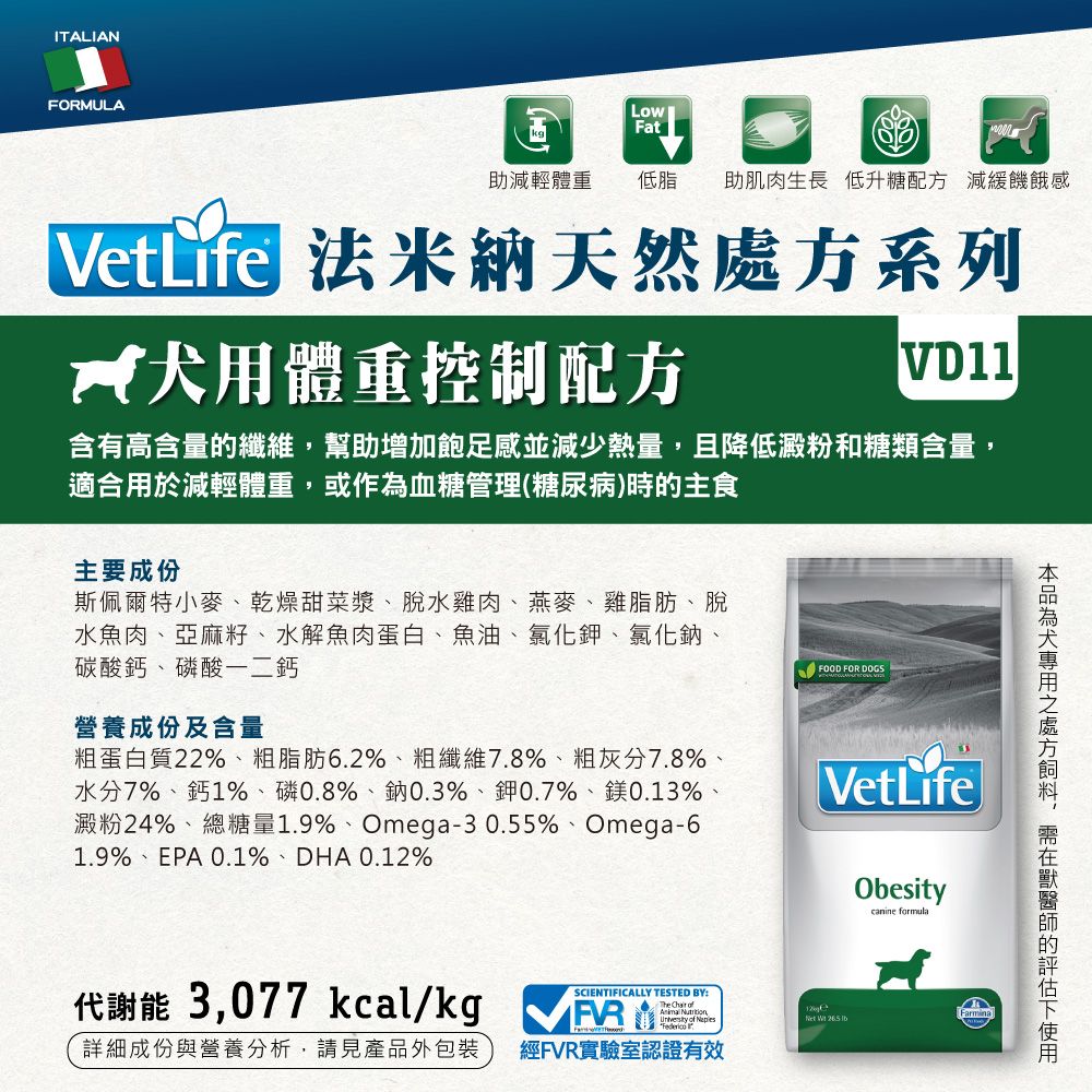 ITALIANFORMULALowFat助減輕體重 低脂助肌肉生長低升糖配方 減緩饑餓感VetLife 法米納天然系列 用體重控制配方VD11含有高含量纖維幫助增加飽足感並減少熱量,且降低澱粉和糖類含量,適合用於減輕體重,或作為血糖管理(糖尿病)時的主食主要成份斯佩爾特小麥乾燥甜菜漿脫水雞肉、燕麥、雞脂肪、脫水魚肉、亞麻籽、水解魚肉蛋白、魚油、氯化鉀、氯化鈉、碳酸鈣、磷酸一二鈣FOOD FOR DOGS營養成份及含量粗蛋白質22%、粗脂肪6.2%、粗纖維7.8%、粗灰分7.8%、水分7%、鈣1%、磷0.8%、鈉0.3%、鉀0.7%、鎂0.13%、澱粉24%、總糖量1.9%、Omega-30.55%、Omega-61.9%、EPA 0.1%、DHA 0.12%VetLifeObesity代謝能 3,077 kcal/kgSCIENTIFICALLY TESTED BY:     詳細成份與營養分析,請見產品外包裝經FVR實驗室認證有效canine formulaFarmina  處方,的