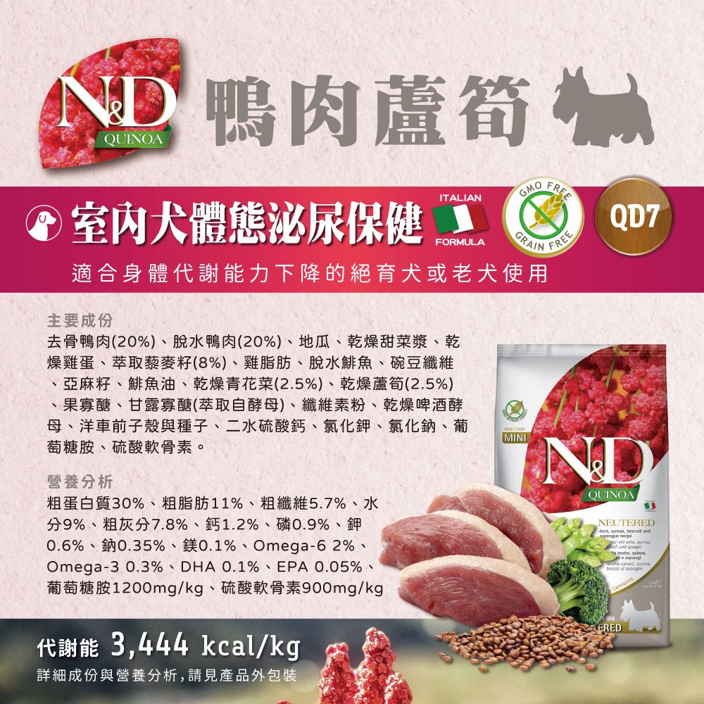 ND 鴨肉蘆筍 QUINOA ITALIAN室内體態泌尿保健FORMULAGRAIN適合身體代謝能力下降的絕育犬或老犬使用主要成份 FREEQD7去骨鴨肉(20%)脫水鴨肉(20%)、地瓜、乾燥甜菜漿、乾燥雞蛋、萃取藜麥籽(8%)、雞脂肪、脫水鯡魚、碗豆纖維、亞麻籽、鯡魚油、乾燥青花菜(2.5%)、乾燥蘆筍(2.5%)、果寡醣、甘露寡醣(萃取自酵母)、纖維素粉、乾燥啤酒酵母、洋車前子殼與種子、二水硫酸鈣、氯化鉀、氯化鈉、葡萄糖胺、硫酸軟骨素。營養分析粗蛋白質30%、粗脂肪11%、粗纖維5.7%、水分9%、粗灰分7.8%、鈣1.2%、磷0.9%、鉀0.6%、鈉0.35%、鎂0.1%、Omega-62%、Omega-3 0.3%、DHA 0.1%、EPA 0.05%、葡萄糖胺1200mg/kg、硫酸軟骨素900mg/kg代謝能 3444 kcal/kg詳細成份與營養分析請見產品外包裝MININDQUINOANEUTEREDduck     ,  and ,