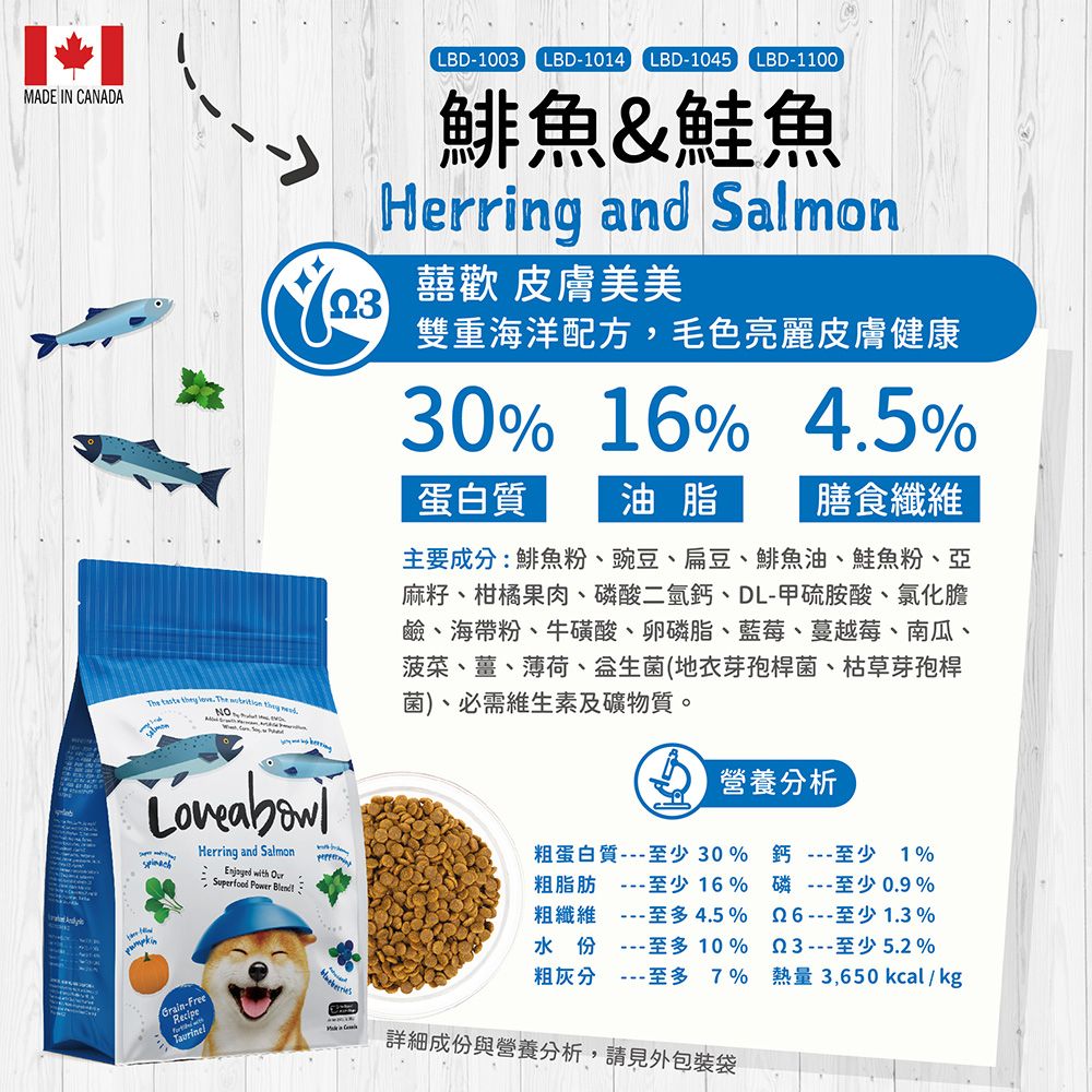 MADE IN CANADALBD-1003 LBD-1014 LBD-1045 LBD-1100鯡魚&鮭魚Herring and Salmon囍歡 皮膚美美The   Herring and   with Grain-FreeRecipe Superfood  雙重海洋配方,毛色亮麗皮膚健康30% 16% 4.5%蛋白質油脂膳食纖維主要成分:鯡魚粉豌豆、扁豆、鯡魚油、鮭魚粉、亞麻籽、柑橘果肉、磷酸二氫鈣、DL-甲硫胺酸、氯化膽鹼、海帶粉、牛磺酸、卵磷脂、藍莓、蔓越莓、南瓜、菠菜、薑、薄荷、(地衣芽孢桿菌、枯草芽孢桿菌)、必需維生素及礦物質。營養分析粗蛋白質---至少30% 鈣---至少1%粗脂肪 ---至少16%粗纖維 ---至多4.5%水份---至多10%粗灰分 ---至多 7%詳細成份與營養分析,請見外包裝袋磷--至少0.9%---至少1.3%---至少5.2%熱量3,650kcal/kg