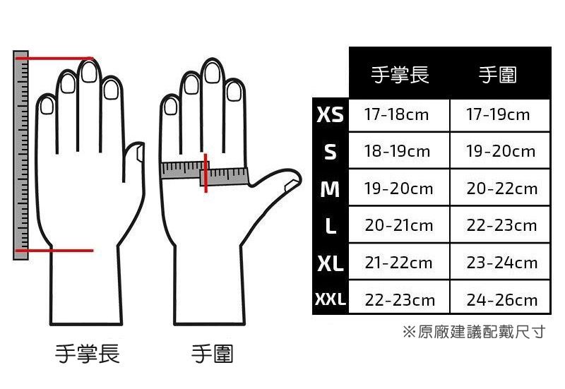 手掌長手圍手掌長 手圍 17-18cm17-19cm18-19cm19-20cm19-20cm20-22cmL 20-21cm 22-23cmXL 21-22cm23-24cmXXL 22-23cm24-26cm※原廠建議配戴尺寸