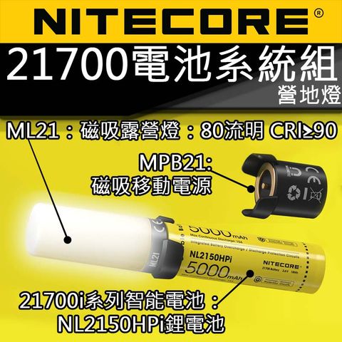 NITECORE 21700 智能電池系統組 80流明 CRI 露營燈 磁吸照明電源5000毫安