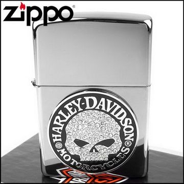 Zippo 美系~哈雷~Harley-Davidson-SKULL-施華洛世奇水晶貼飾打火機