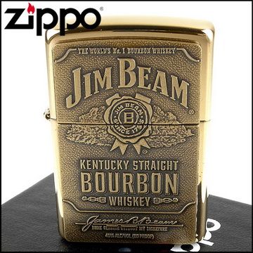 Zippo 美系~JIM BEAM金賓波本威士忌圖案貼飾打火機(黃銅款)