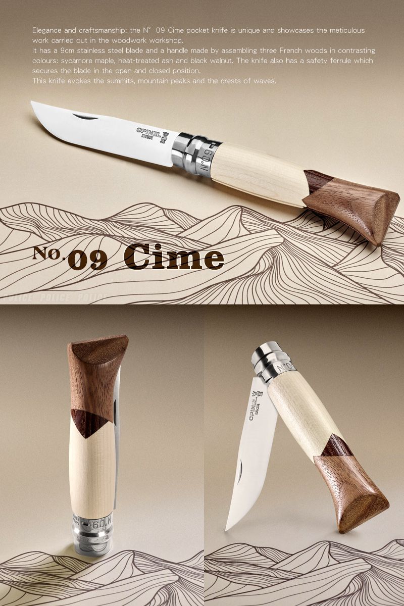 Elegance and craftsmanship: the N 09 Cime pocket knife is unique and showcases the meticulouswork carried out in the woodwork workshop has a 9cm stainless steel blade and a handle made by assembling three French woods in contrastingcolours: sycamore maple, heat-treated ash and black walnut. The knife also has a safety ferrule whichsecures the blade in the open and closed position.This knife evokes the summits, mountain peaks and the crests of waves.OPINIL 09 Cime POLICE