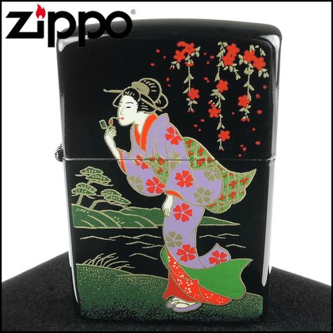 【ZIPPO】日系~本金蒔繪-江戶時代之風中女郎-傳統工藝加工打火機