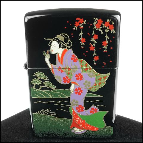 Zippo 日系~本金蒔繪-江戶時代之風中女郎-傳統工藝加工打火機