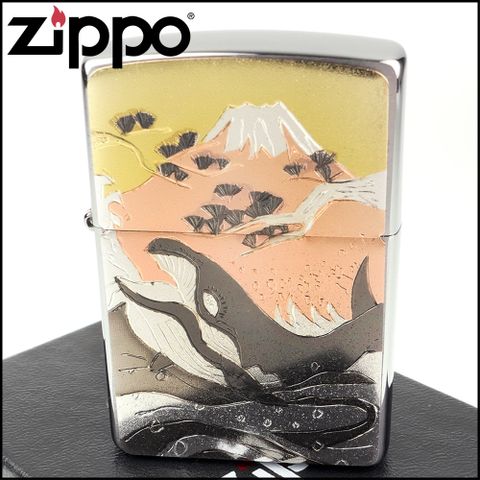 Zippo 日系~傳統藝術-富士山與鯨魚圖案電鑄板貼片加工打火機