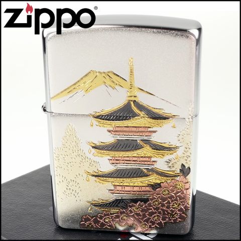 Zippo 日系~傳統藝術- 五重塔與富士山圖案電鑄板貼片加工打火機