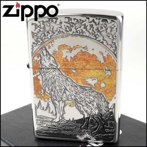 Zippo 日系~狼嚎圖案設計打火機(銀色鏡面款)